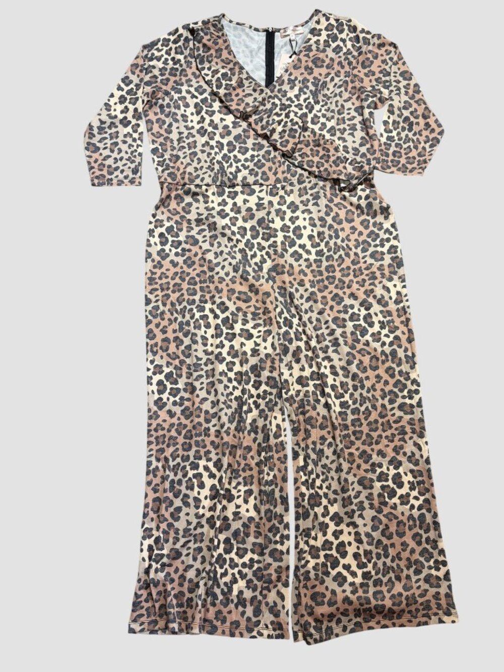 Jorge Perez Leopard Print Jumpsuit Plus Size 2X Ruffle V Neck Long Sleeve NEW